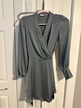 Aritzia Satin Wrap Dress in Slate Green-Gray